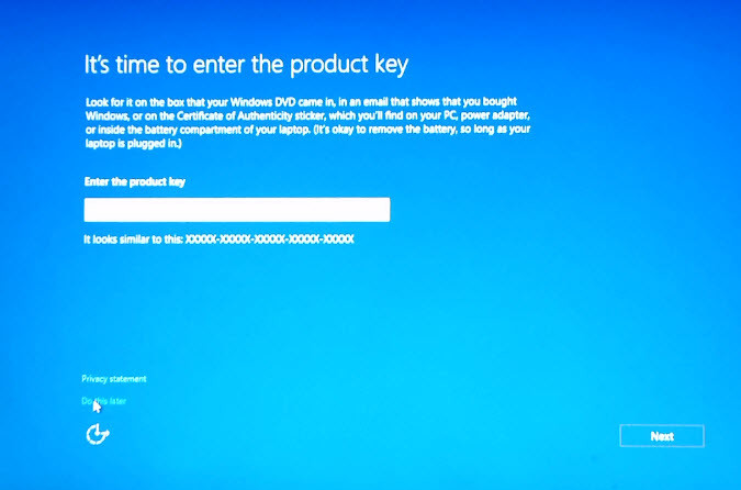 Enter Windows 10 Product Key
