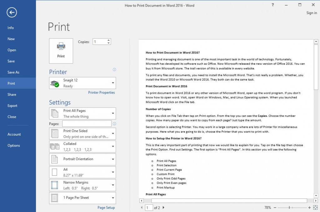 How to Print Document in Word 2016