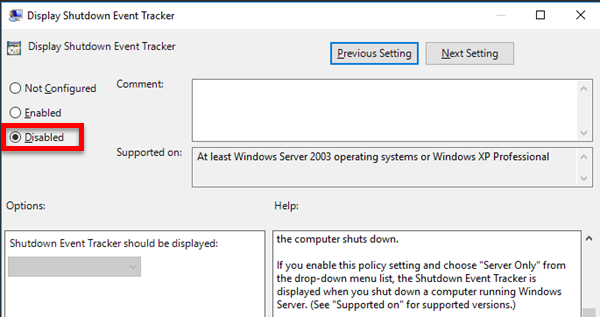 Disable Shutdown Event Tracker