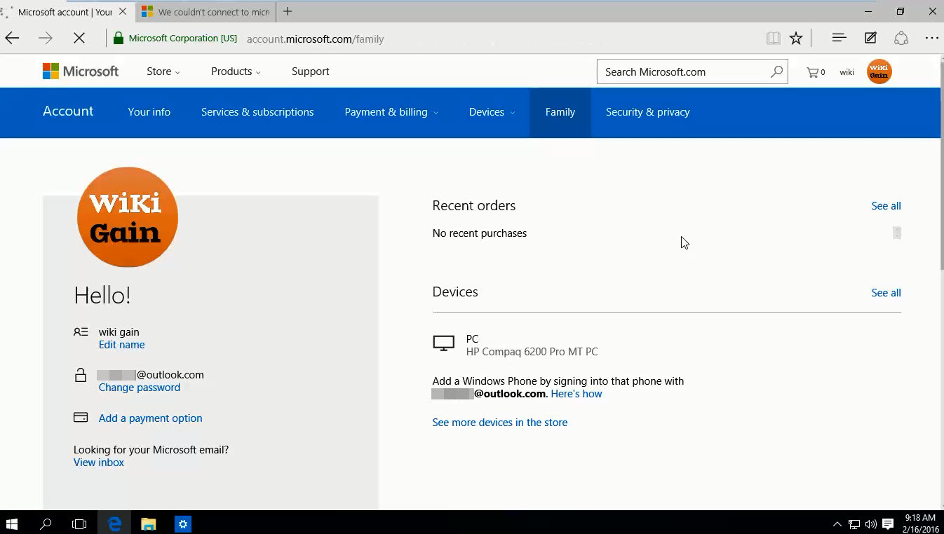 Logged in to Microsoft account