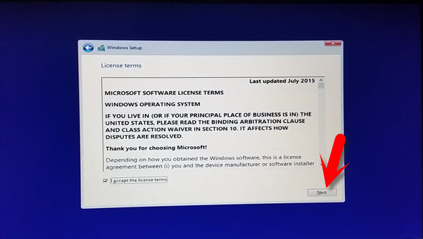 Windows 10 Setup - License Term and Agreement