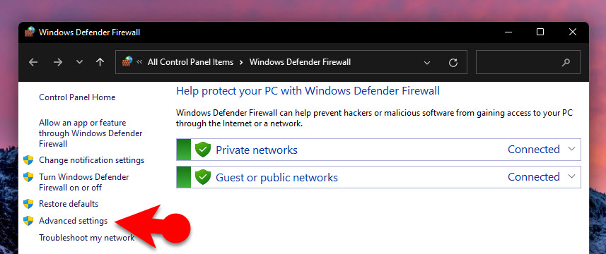 Open Advanced Settings Of Firewall