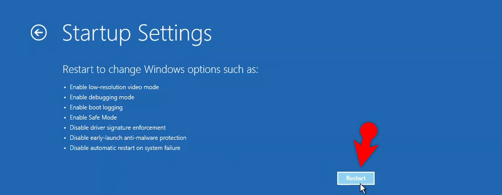 Startup Settings Options