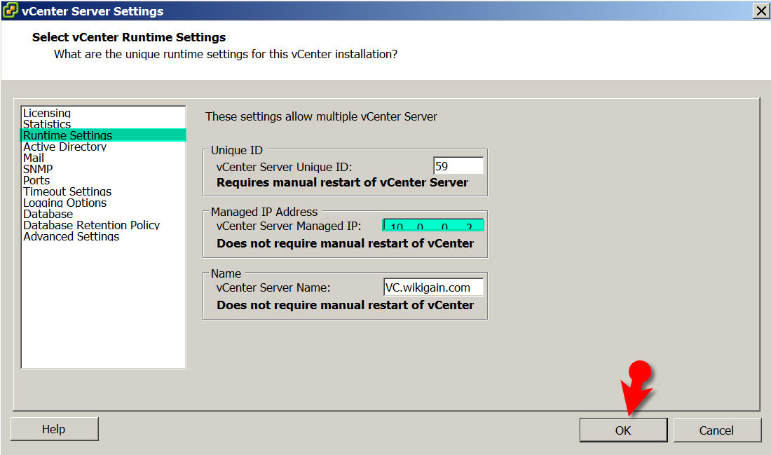 Select Vcenter Runtime Settings