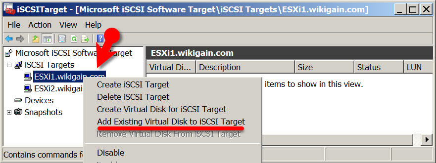 Add Existing Virtual Disk To Iscsi Target