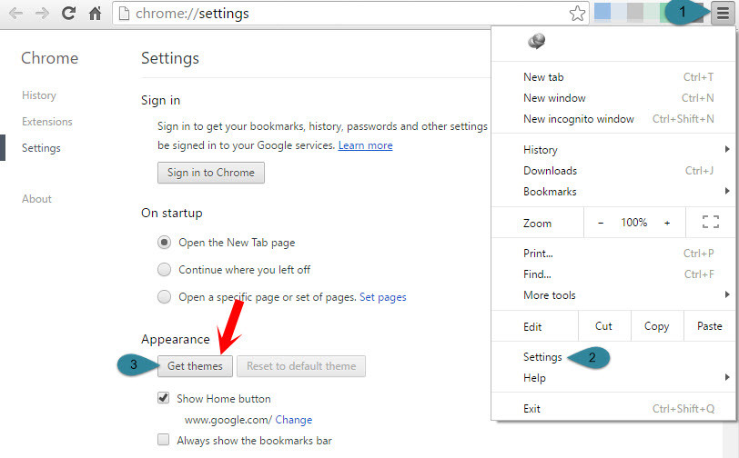 Google Chrome Settings Get Themes