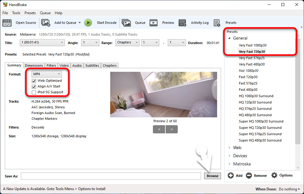 Configure Handbrake Output Settings
