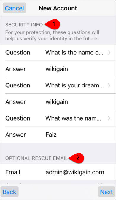 Fill Security Info And Optional Rescue Email