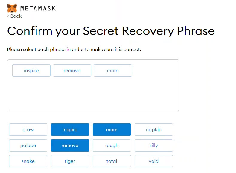 Confirm Secret Recovery Phrase