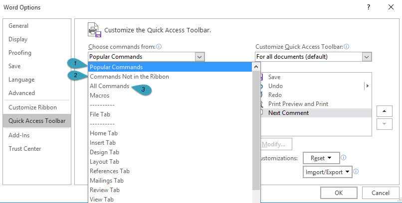 Word 2016 Quick Access Toolbar Customization