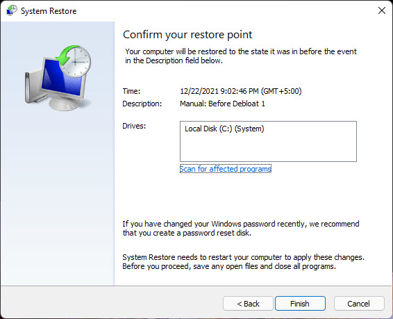 Confirm Your Restore Point