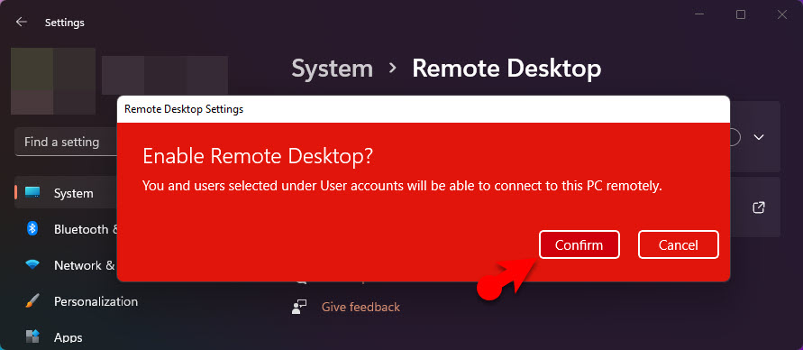 Confirm To Enable Remote Desktop