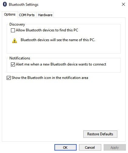 Bluetooth Settings Options