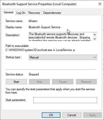 Bluetooth Support Service Properties