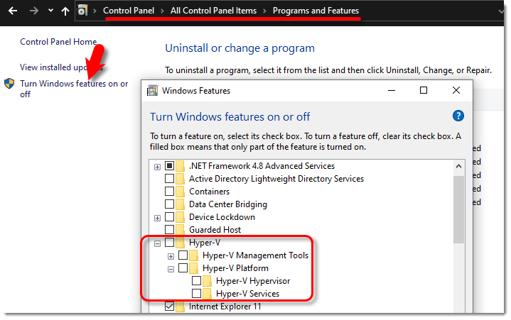 Uncheck Windows Hyper V