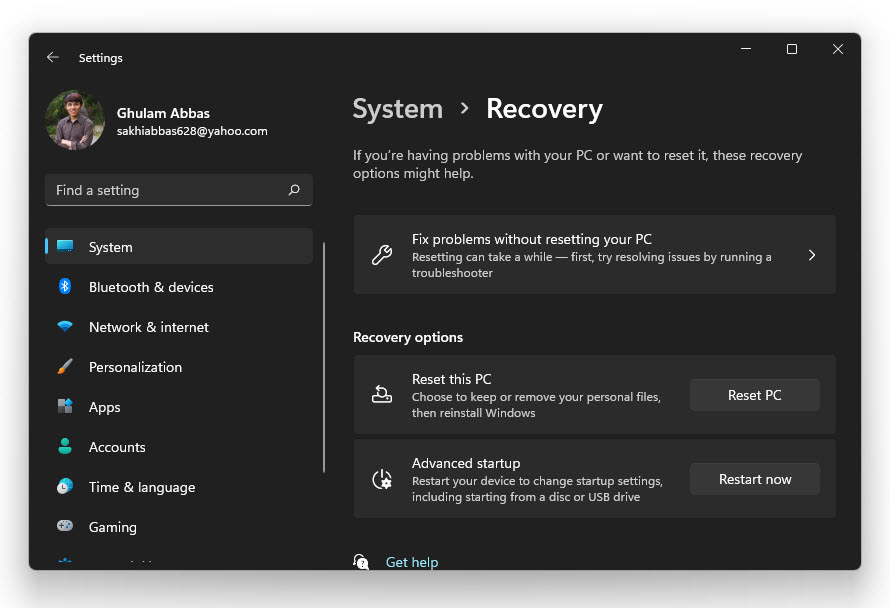 Path To Reset The Pc In Windows 11