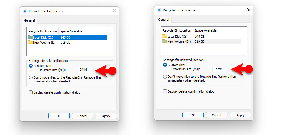 Recycle Bin Size For The Drives