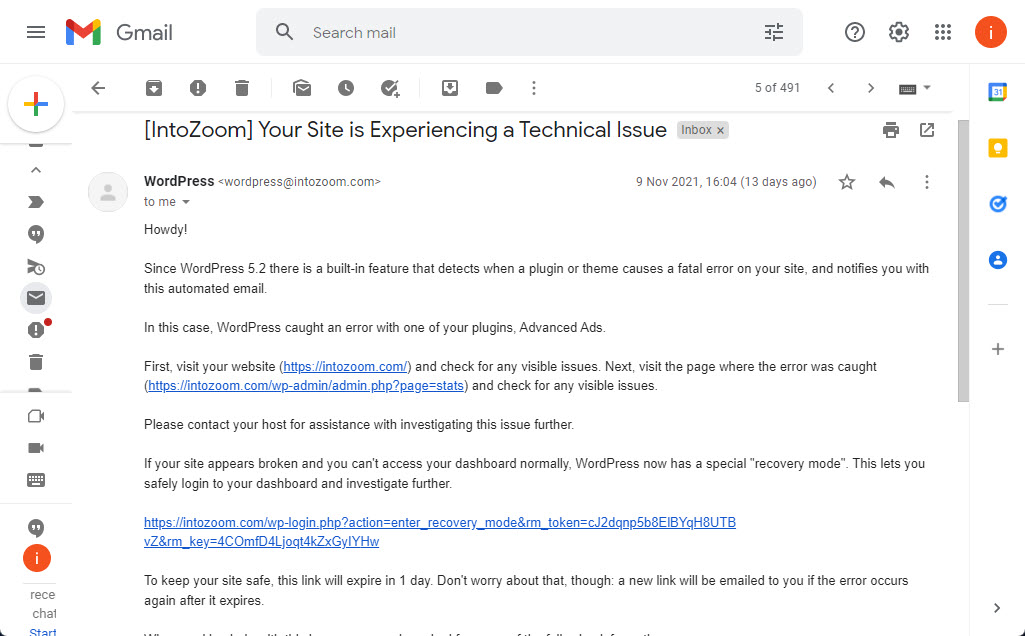 Wordpress Email Regarding The Error
