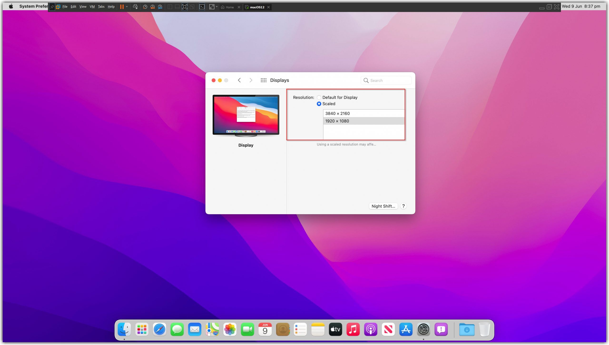 Make Full Screen The Vm And Youll Get Full Resolution