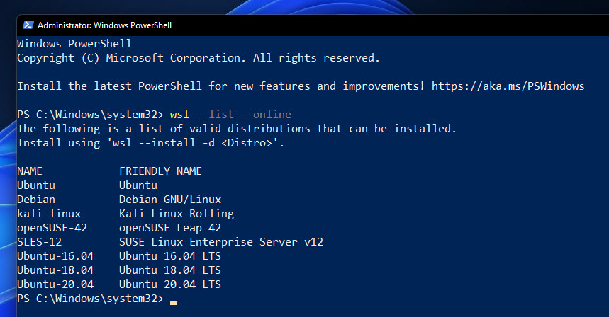List Available Distros Of Linux For Wsl