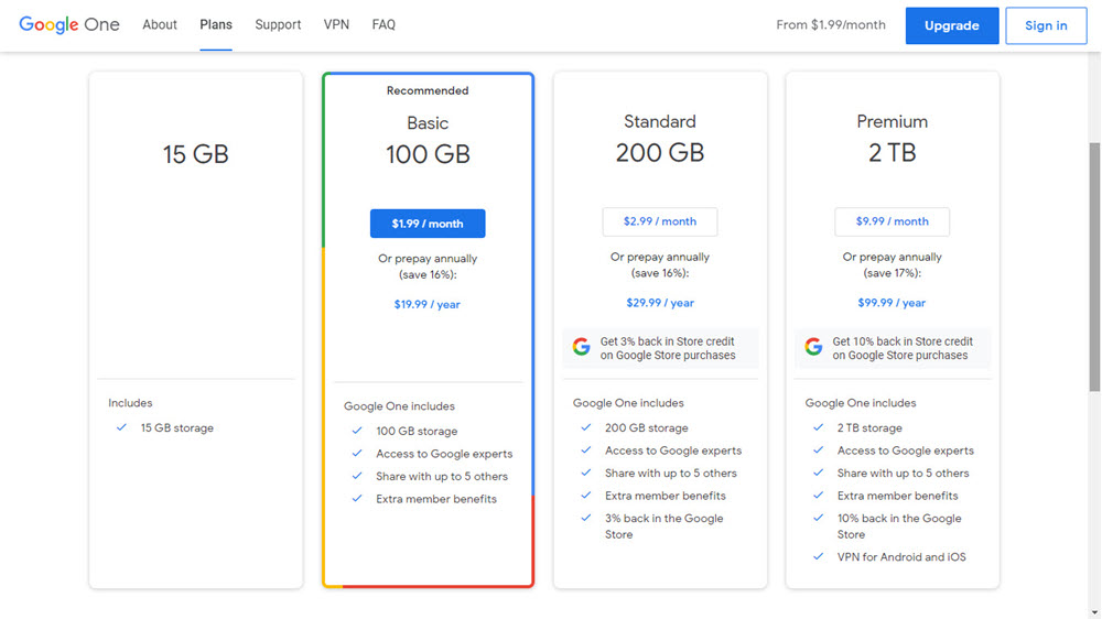 Google Drive Pricing Plans