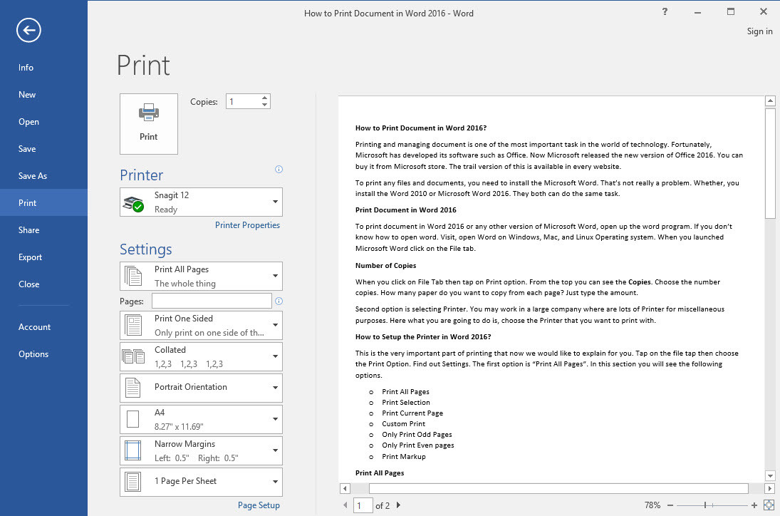 Word 2016 Print Option