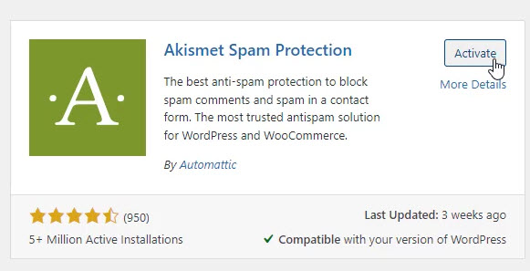 Install And Activate Akismet Plugin