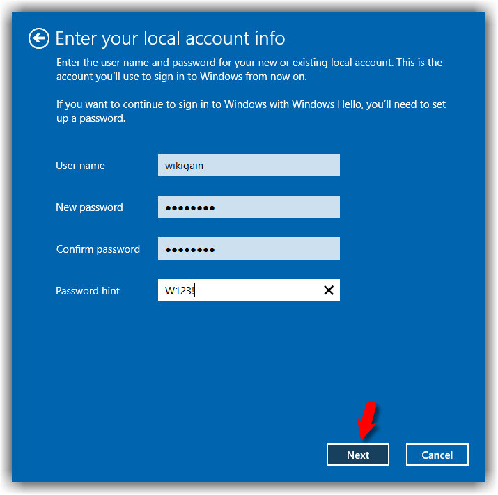 Enter Local Account Info
