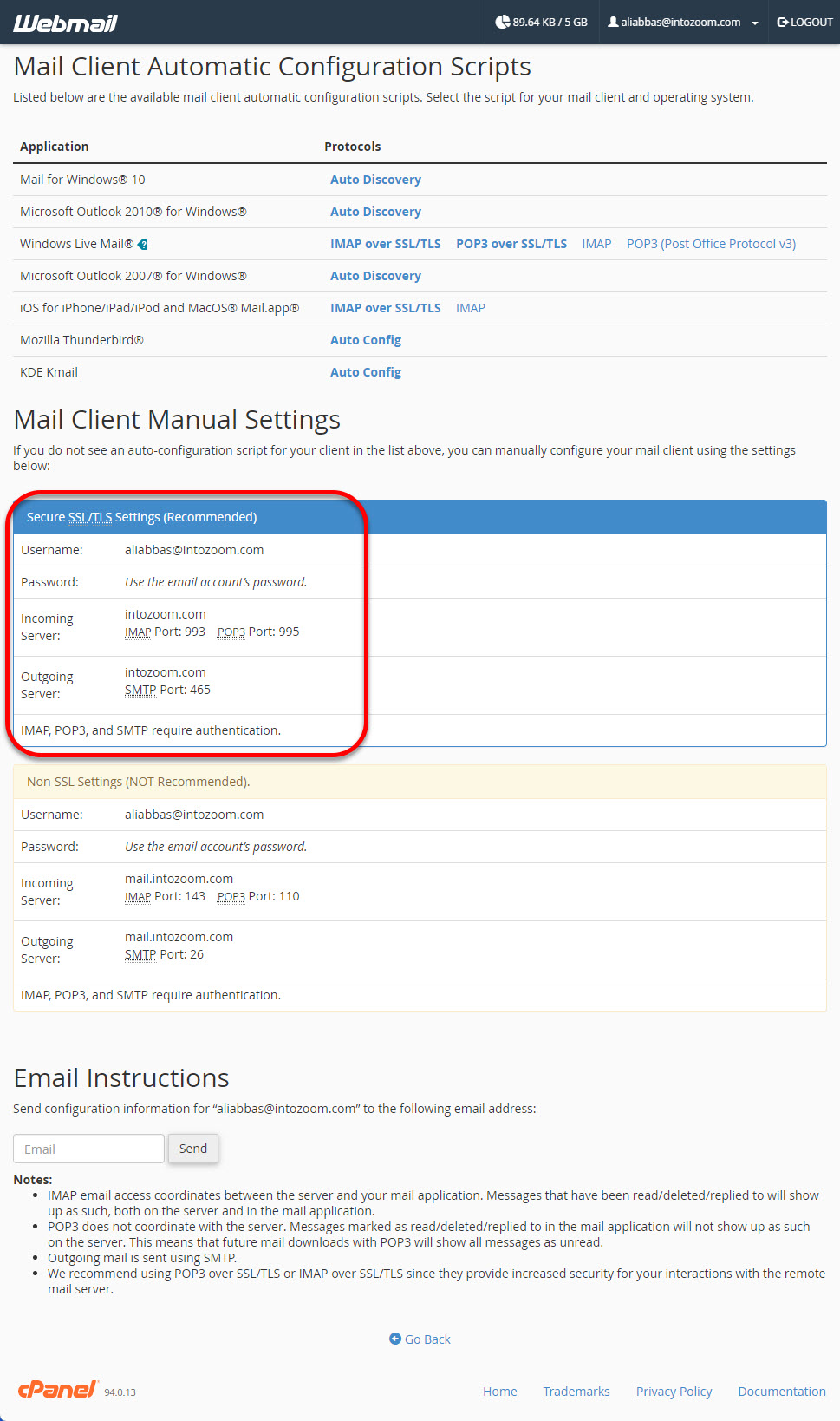 Mail Client Manual Settings