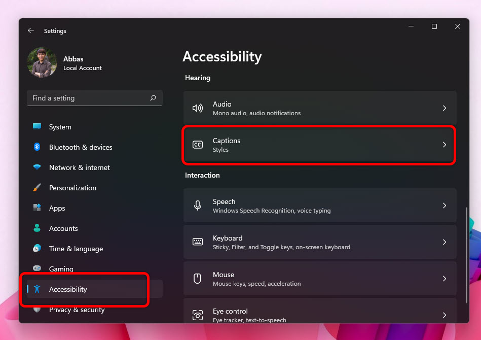 Access Captions Settings