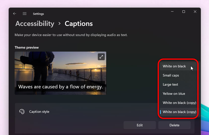Choose Caption Style