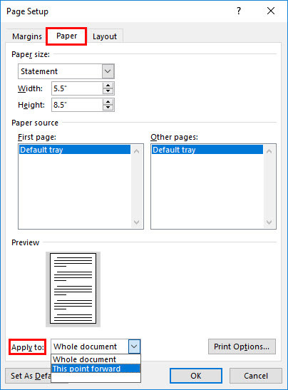 how do you change page layout in word document