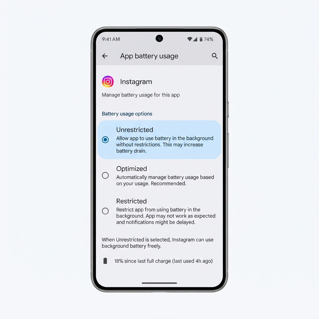 Android app battery usage set to Unrestricted