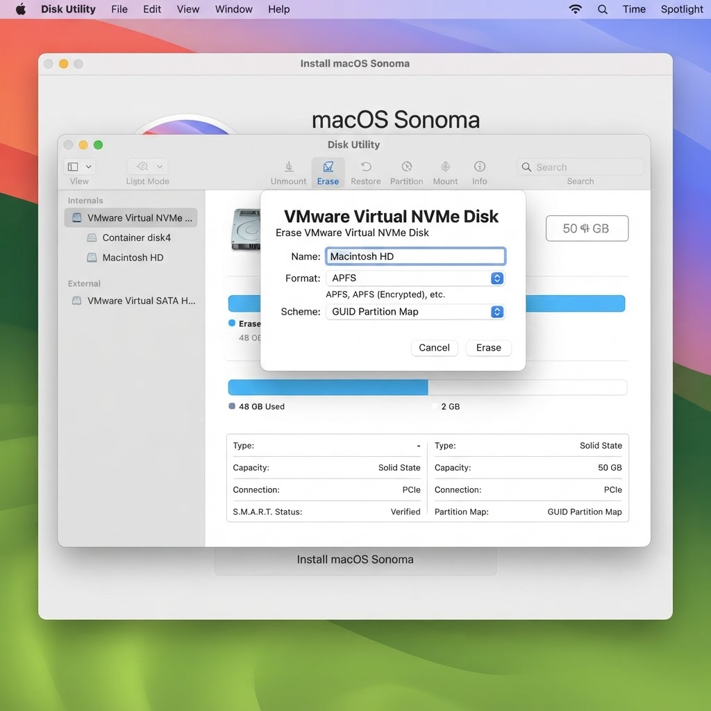 macOS Disk Utility erasing the VMware virtual disk as APFS
