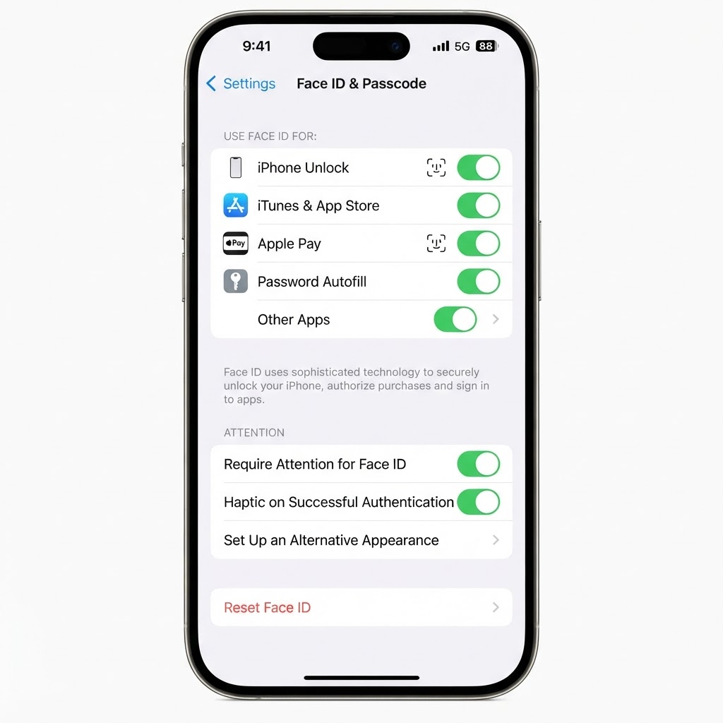 Face ID and Passcode settings on iPhone