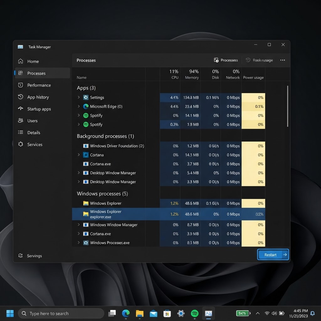 Task Manager showing Windows Explorer restart