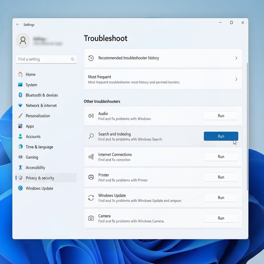 Search and Indexing troubleshooter in Windows 11 Settings