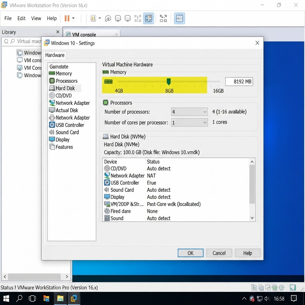 VMware virtual machine settings with 8GB memory and 4 processors