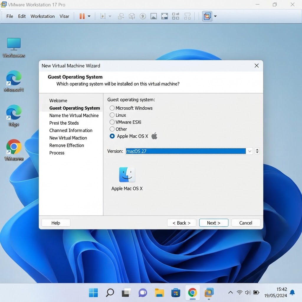 VMware New Virtual Machine wizard with Apple Mac OS X and macOS 27 selected